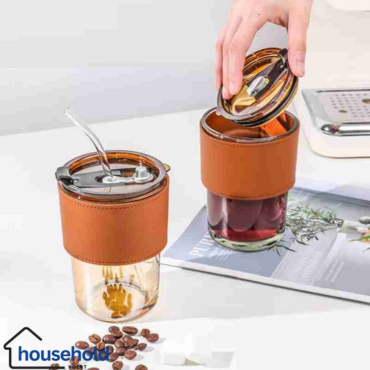 Leather Covered Glass Sipper Cup With Straw