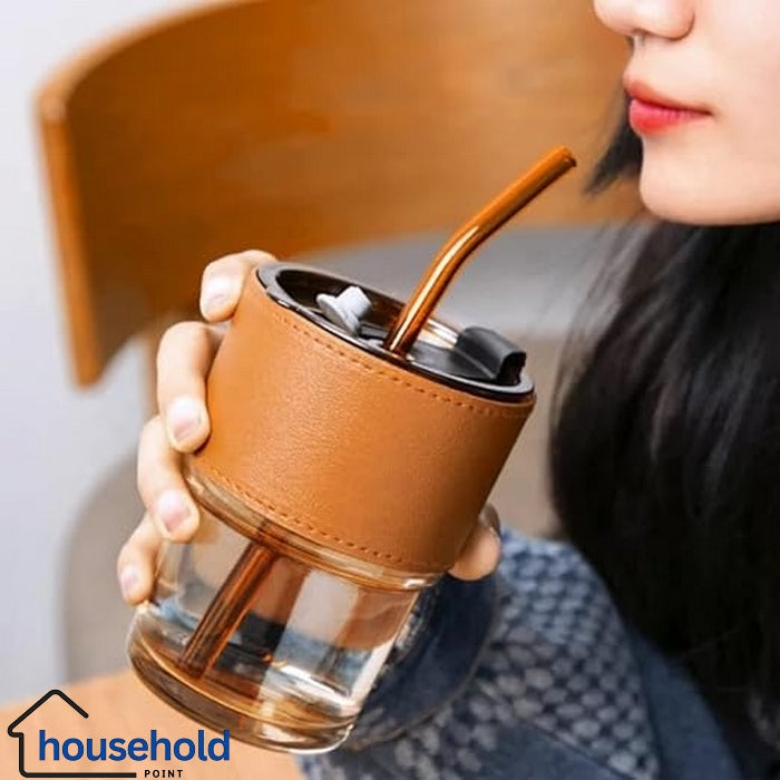 Leather Covered Glass Sipper Cup With Straw