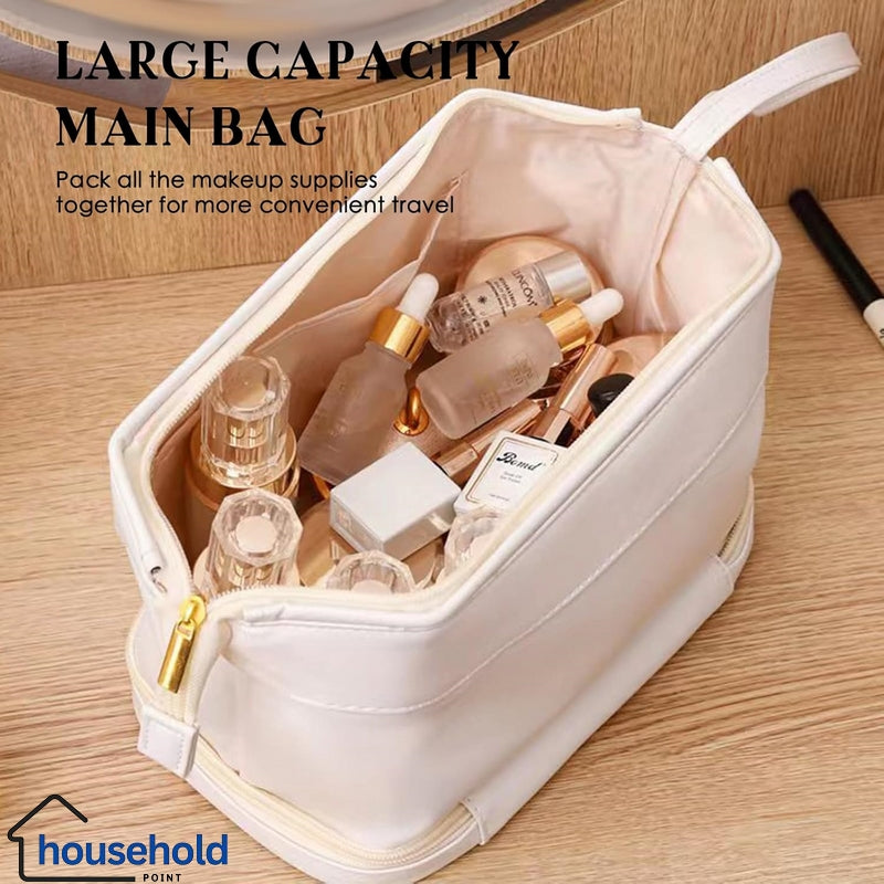 Multifunctional Double Layer Leather Travel Cosmetic Pouch
