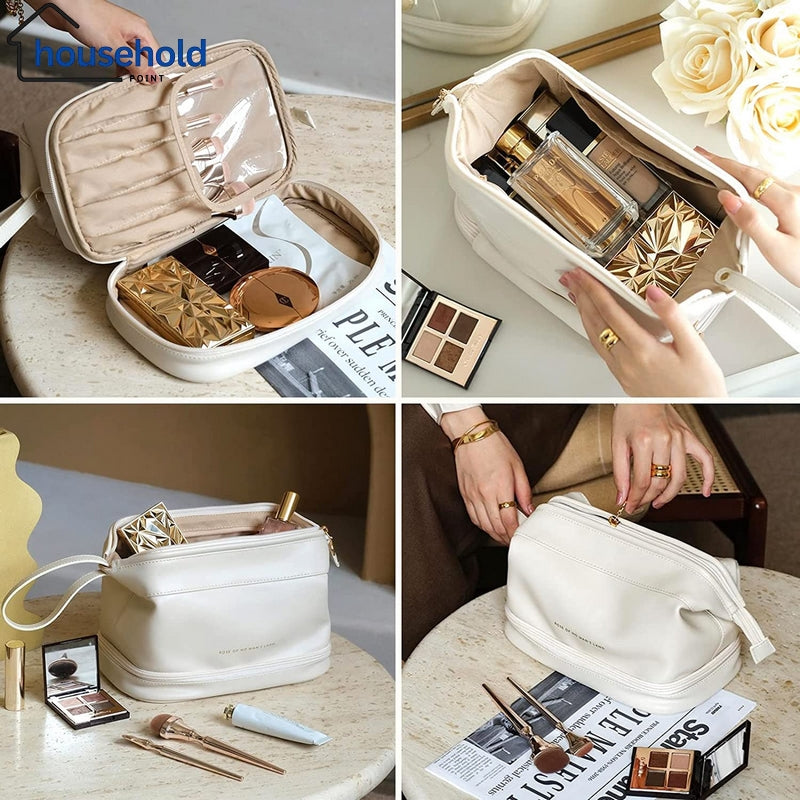 Multifunctional Double Layer Leather Travel Cosmetic Pouch