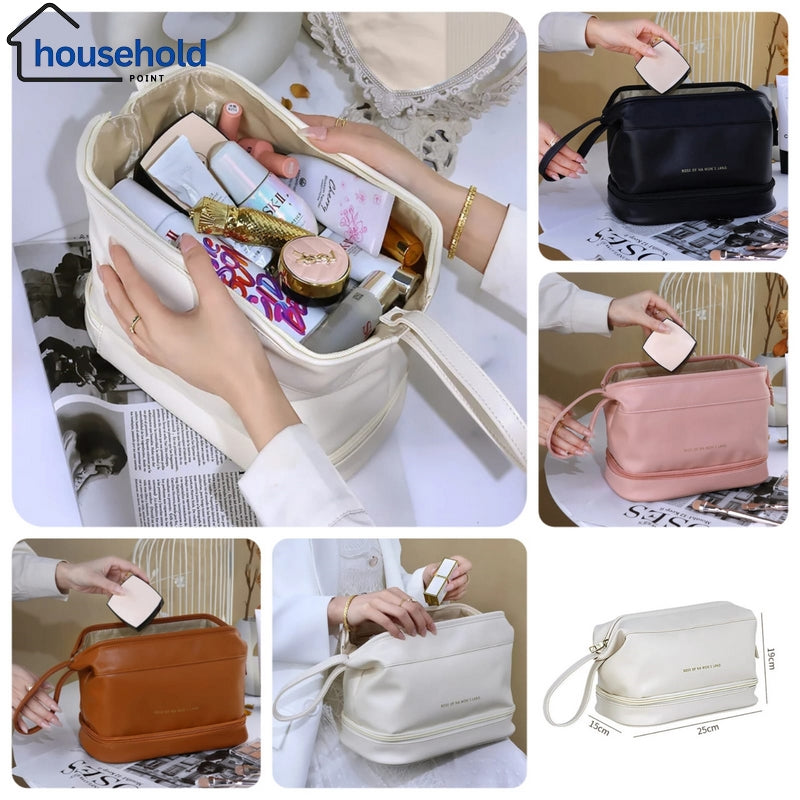Multifunctional Double Layer Leather Travel Cosmetic Pouch