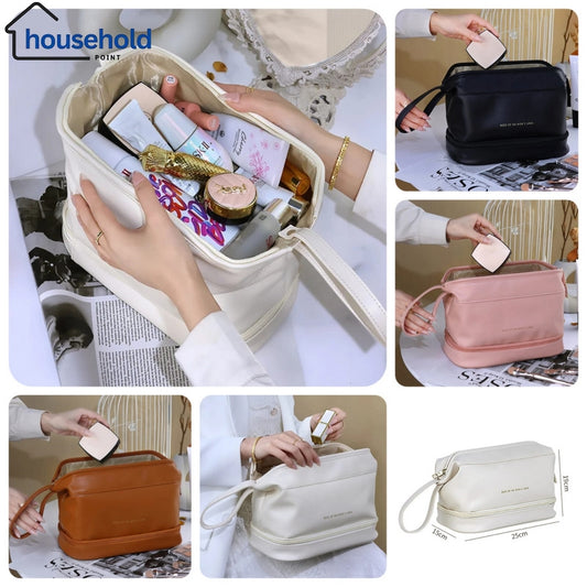 Multifunctional Double Layer Leather Travel Cosmetic Pouch