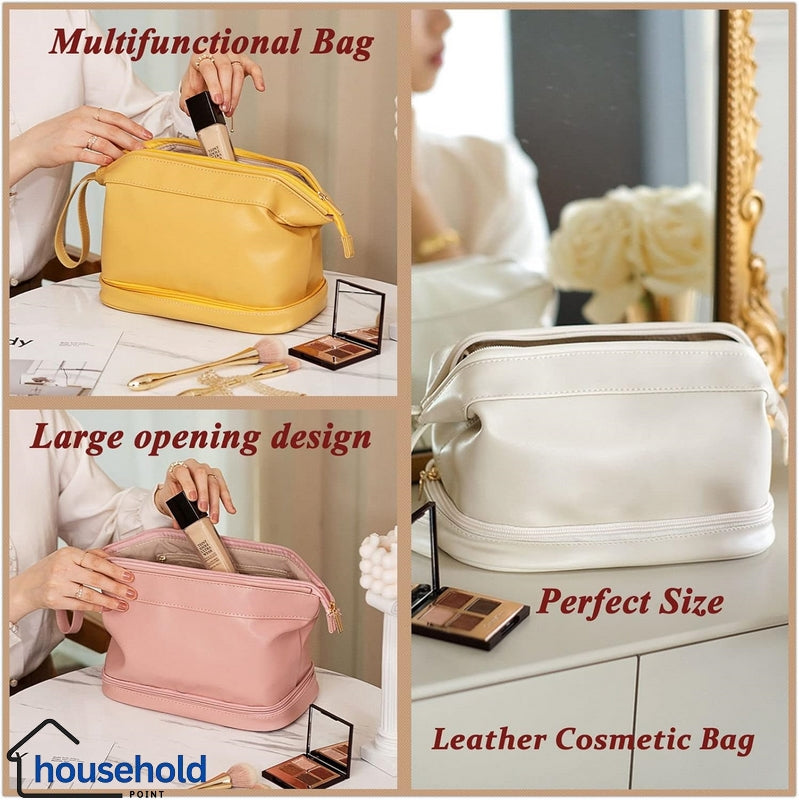 Multifunctional Double Layer Leather Travel Cosmetic Pouch