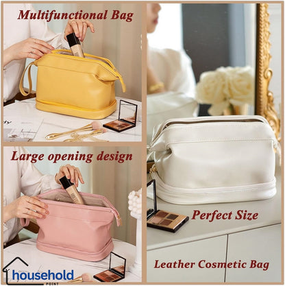 Multifunctional Double Layer Leather Travel Cosmetic Pouch