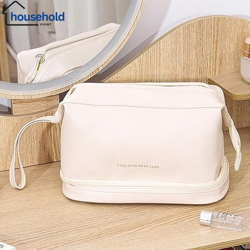 Multifunctional Double Layer Leather Travel Cosmetic Pouch