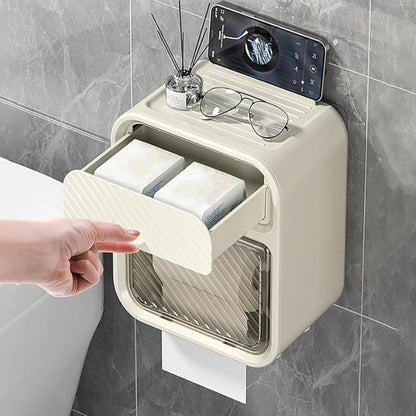 No-Drill Wall-Mounted Tissue Holder with Storage Drawer