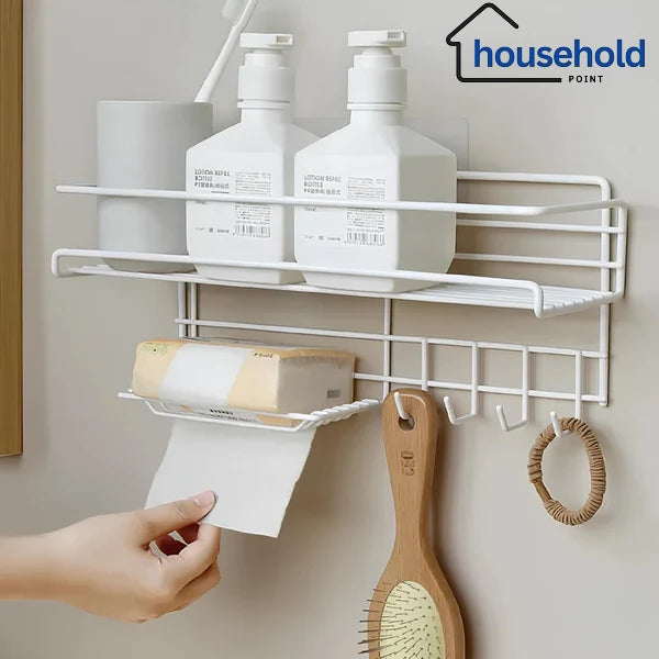 Wall-Mounted Shelf with Hooks & Soap Dish