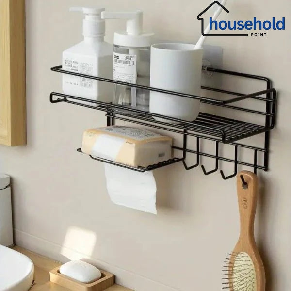 Wall-Mounted Shelf with Hooks & Soap Dish